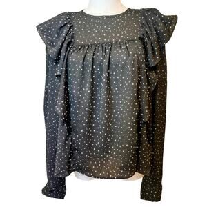 Walter Baker Black Poka Dot Long Sleeve Blouse with Ruffles Size L.
